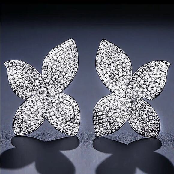 Silver Zircon Flower Pave Earrings Floral Luxury - Picture 2 of 4